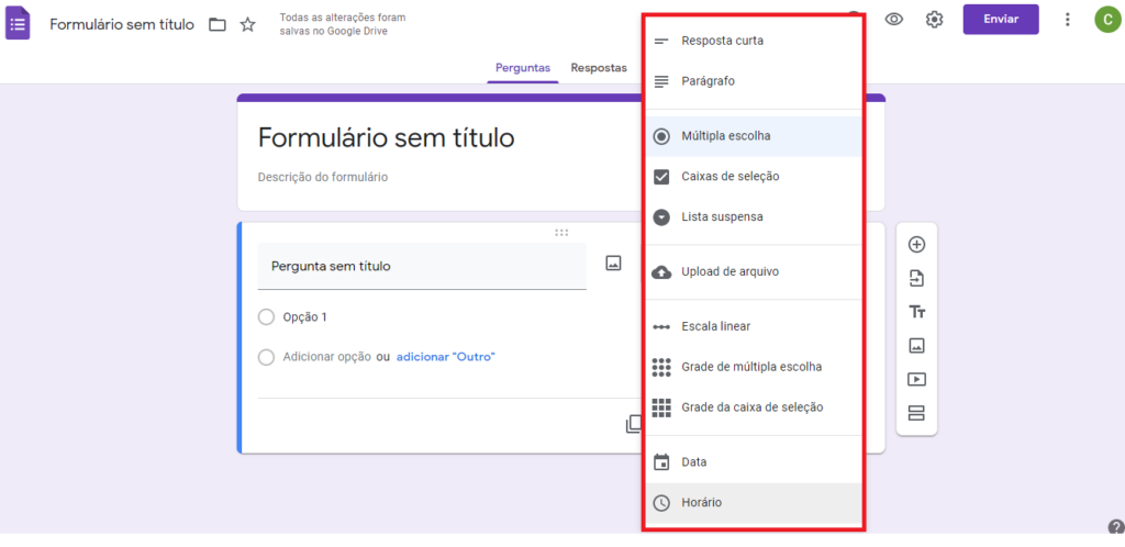 Google Forms - Opções de perguntas