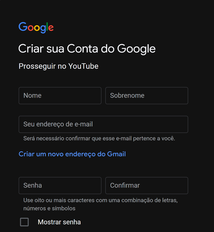 Criar conta no Google.